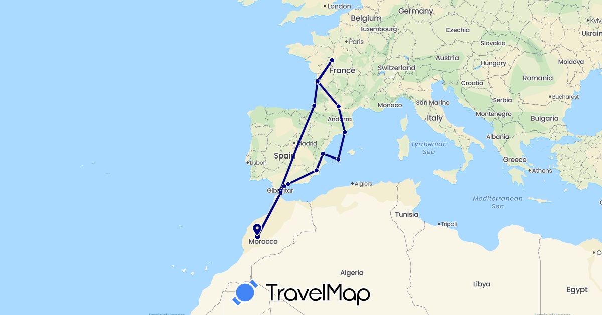 TravelMap itinerary: driving in Spain, France, Gibraltar, Morocco (Africa, Europe)